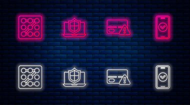 Satır dizüstü bilgisayarını kalkan, kredi kartı, grafik şifre koruması ve Smartphone ile koru. Tuğla duvarda parlayan neon simgesi. Vektör