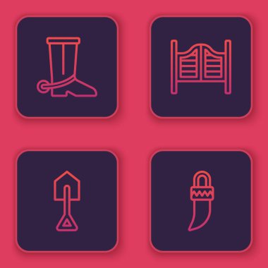 Çizme, kovboy çizmesi, kürek, salon kapısı ve diş. Mavi kare düğme. Vektör