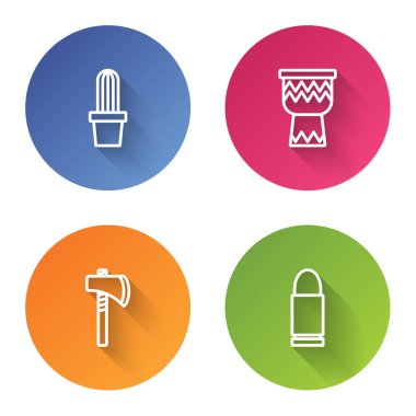 Cactus peyote in pot, Drum, Tomahawk baltası ve kurşun. Renkli daire düğmesi. Vektör