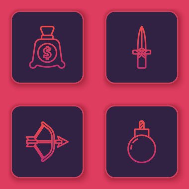 Para çantası, ok ve yay, hançer ve bomba patlamaya hazır olsun. Mavi kare düğme. Vektör