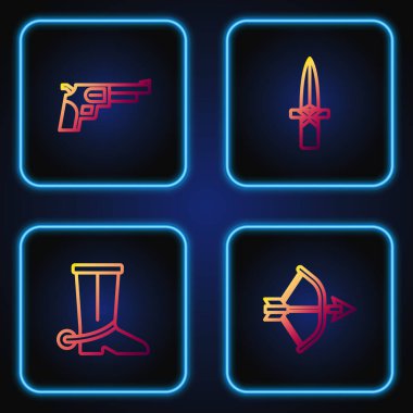 Yay ve oku ok kılıfına yerleştir, kovboy çizmesi, tabanca ve hançer. Renk simgeleri. Vektör