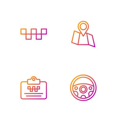 Hat direksiyonu, taksi ehliyeti, arabanın çatısı ve konumu olan katlanmış harita. Renk simgeleri. Vektör