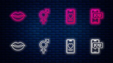 Çevrimiçi Cinsiyet, Online flört uygulaması ve sohbeti belirle, gülen dudaklar ve yürekli Mobil. Tuğla duvarda parlayan neon simgesi. Vektör