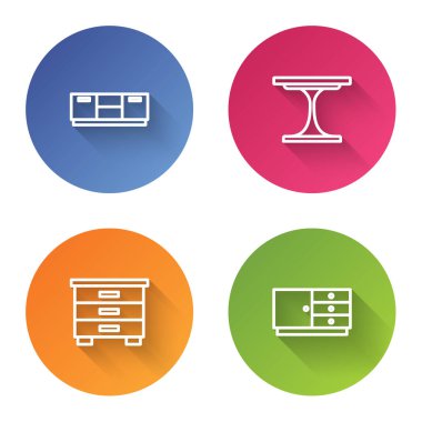 Mobilya sehpası, yuvarlak masa ve çekmeceler. Renkli daire düğmesi. Vektör