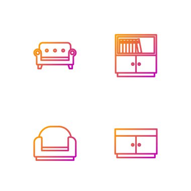 Çekmece, Kol Sandalyesi, Koltuk ve Kütüphane kitaplığı. Renk simgeleri. Vektör