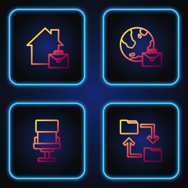 Cloud dosya klasörünü, ofis sandalyesini, online çalışmayı ayarlayın. Renk simgeleri. Vektör