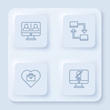 Çevrimiçi görüntülü sohbet konferansı, çevrimiçi çalışma, yazılı kalp ve dilsiz mikrofon bilgisayarı. Beyaz kare düğme. Vektör