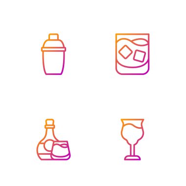 Şarap kadehi, viski şişesi, kokteyl karıştırıcı ve bir bardak viski. Renk simgeleri. Vektör