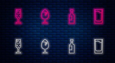 Bir bardak bira, şarap şişesi, şampanya ve shot bardağı. Tuğla duvarda parlayan neon simgesi. Vektör