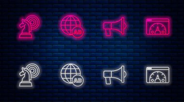 Satranç, megafon, satranç ve web sitesi istatistiklerini ayarla. Tuğla duvarda parlayan neon simgesi. Vektör