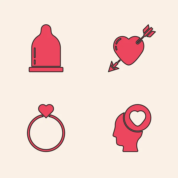 Set Head Heart Condom Amor Arrow Wedding Rings Icon Vektor — Stockový vektor
