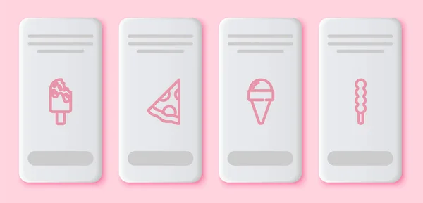 设置系列冰淇淋 披萨片 华夫饼筒和棒棒糖 白色矩形按钮 — 图库矢量图片