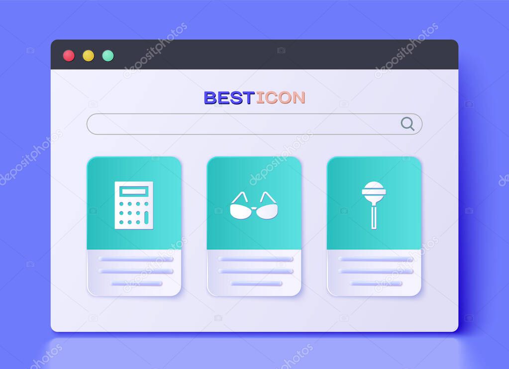 Set Glasses, Calculator and Lollipop icon. Vector