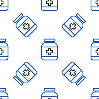 Çizgi tıp ikonu beyaz arka planda izole edilmiş kusursuz desen. Şişe hapı işareti. Eczane tasarımı. Renkli taslak konsepti. Vektör.