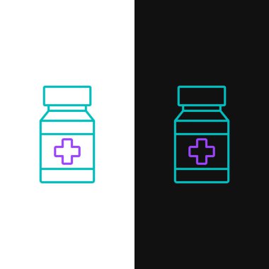 Line Dog ilaç şişesi ve ilaç ikonu beyaz ve siyah arka planda izole edilmiş. İçinde haplar olan konteynır. Hayvan için reçeteli ilaç. Renkli taslak konsepti. Vektör.