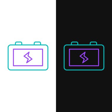 Çizgi Batarya simgesi beyaz ve siyah arkaplanda izole edildi. Şimşek sembolü. Renkli taslak konsepti. Vektör.