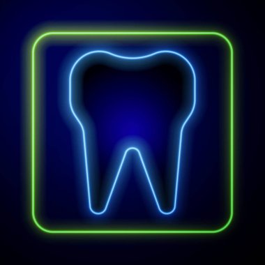 Parlayan neon diş simgesi mavi arkaplanda izole edildi. Diş hekimliği kliniği veya diş hekimliği merkezi ve diş macunu paketi için diş sembolü. Vektör İllüstrasyonu.