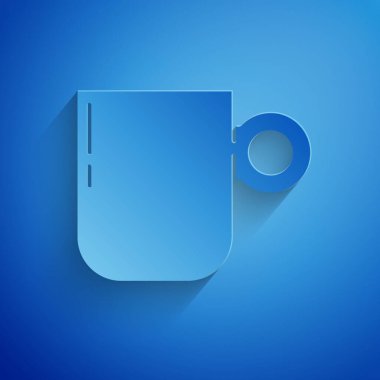 Kağıt kesiği kahve fincanı simgesi mavi arka planda izole edilmiş. Çay fincanı. Sıcak içecek kahvesi. Kağıt sanatı tarzı. Vektör.