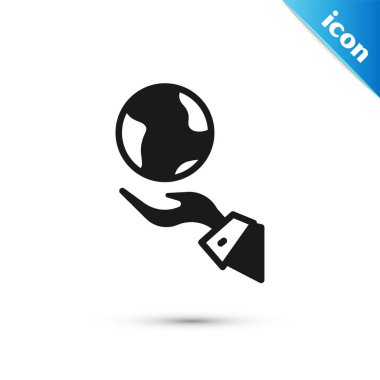 Gri insan elleri, beyaz zemin üzerinde Dünya 'nın ikonunu tutuyor. Dünya kavramını sakla. Vektör.