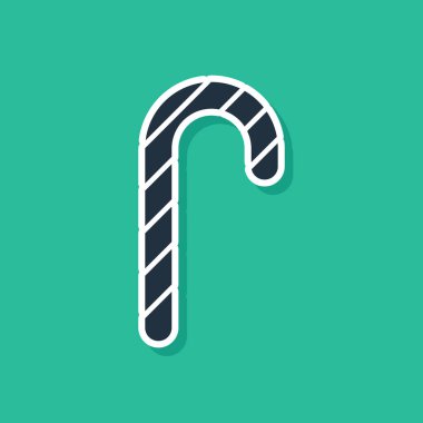 Yeşil arka planda izole edilmiş çizgili mavi Noel şekerleme çubuğu. Mutlu Noeller ve mutlu yıllar. Vektör.