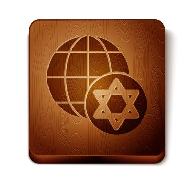 Kahverengi Dünya Küresi ve İsrail ikonu beyaz arka planda izole edildi. Tahta kare düğme. Vektör.