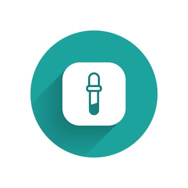 Beyaz Pipette simgesi uzun gölgeli izole edilmiş. Tıbbi elementler, kimya laboratuarı ekipmanları. Tıp sembolü. Yeşil daire düğmesi. Vektör.