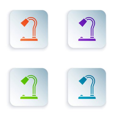 Beyaz arkaplanda izole edilmiş renkli masa lambası simgesi. Kare düğmelere renkli simgeleri yerleştir. Vektör.