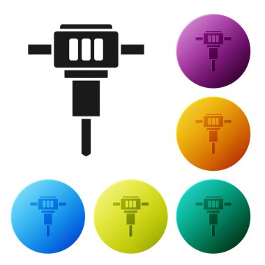 Siyah İnşaat kaya matkabı ikonu beyaz arka planda izole edilmiş. Simgeleri renk daire düğmelerine ayarla. Vektör.