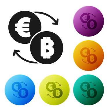 Beyaz arkaplanda siyah kripto döviz simgesi izole edildi. Bitcoin 'den Euro takas simgesine. Kripto para teknolojisi, mobil bankacılık. Simgeleri renk daire düğmelerine ayarla. Vektör.