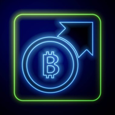Parlayan neon neon madeni büyüme ve bitcoin ikonu mavi arka planda izole edilmiş. Gelirleri arttırıyorum. Vektör.