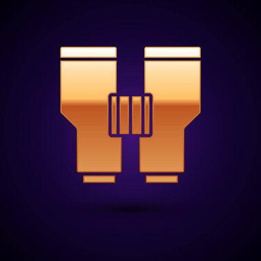 Siyah arkaplanda izole edilmiş altın dürbün simgesi. Yazılım işareti bul. Casus ekipman sembolü. Vektör.