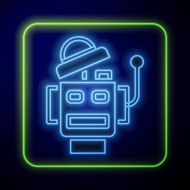 Parlayan neon robot simgesi mavi arkaplanda izole edildi. Yapay zeka, makine öğrenme, bulut hesaplama. Vektör.