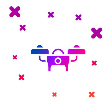 Renkli Drone uçan ikonu beyaz arkaplanda izole edildi. Video ve fotoğraf makinesi sembollü dörtlü helikopter. Kademeli rastgele dinamik şekiller. Vektör.