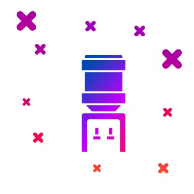 Ofis için renkli su soğutucusu ve beyaz arka planda izole edilmiş ev simgesi. Su dağıtıcısı. Şişe ofisi, plastik ve sıvı. Kademeli rastgele dinamik şekiller. Vektör.