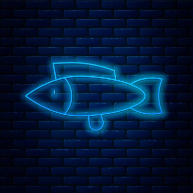 Işıldayan neon hattı Fish simgesi tuğla duvar arka planında izole edildi. Vektör.