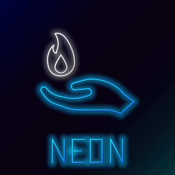 Glödande Neon Line Hand Hålla Brand Ikon Isolerad Svart Bakgrund — Stock vektor