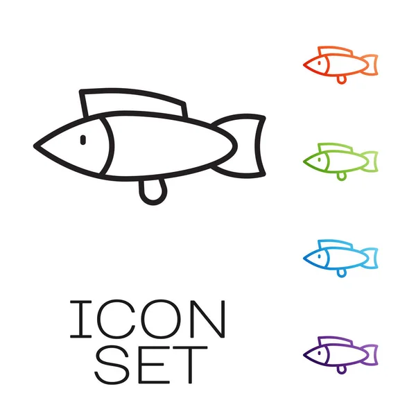 Black Line Fish Icon Isolated White Background Set Icons Colorful — Stock Vector