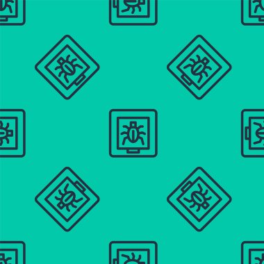 Çerçeve simgesindeki mavi çizgi böcekleri yeşil arkaplandaki kusursuz deseni izole ettiler. Herbaryum. Vektör.