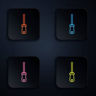 Renkli neon çizgisi tornavida simgesi siyah arkaplanda izole edildi. Servis aracı sembolü. Kare düğmelere simgeleri yerleştir. Vektör.