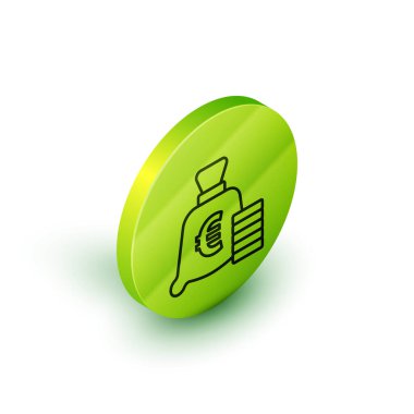 Beyaz arka planda izole edilmiş Euro sembollü Isometric line Coin parası. Bankacılık işareti. Para sembolü. Yeşil daire düğmesi. Vektör.