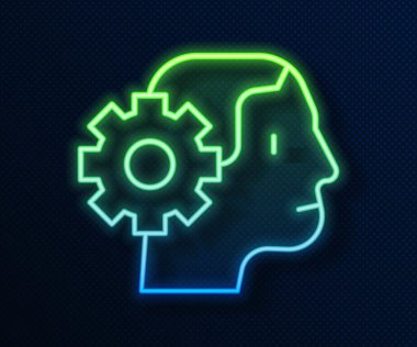 Parlayan neon hattı mavi arka planda insansı robot simgesi izole edildi. Yapay zeka, makine öğrenme, bulut hesaplama. Vektör.