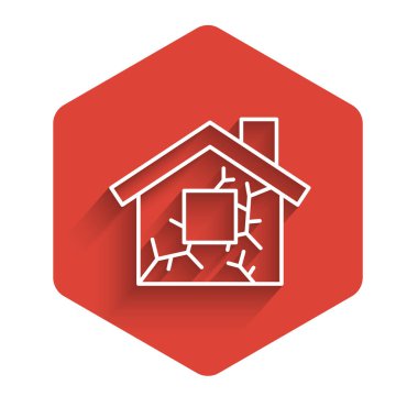 Beyaz çizgi ev ikonu uzun gölgeli izole edilmiş. Sigorta konsepti. Güvenlik, güvenlik, koruma, konsept koruma. Kırmızı altıgen düğmesi. Vektör.