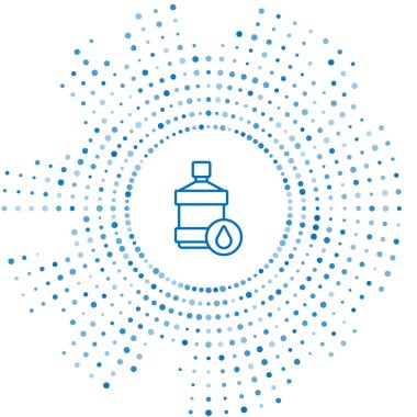 Mavi çizgi. Beyaz zemin üzerinde temiz su ikonu olan büyük şişe. Soğutucu için plastik kap. Soyut çember rastgele noktalar. Vektör.