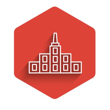 Beyaz çizgi şehir manzara ikonu uzun gölgeli izole edilmiş. Metropolis mimarisi panoramik manzara. Kırmızı altıgen düğmesi. Vektör.