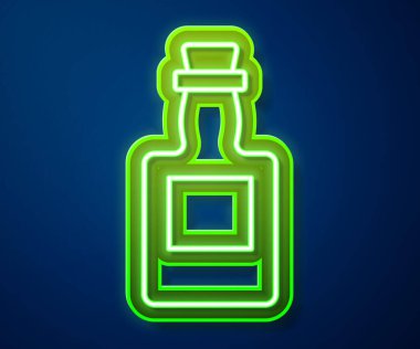Parlayan neon hattı tekila şişesi ikonu mavi arka planda izole edildi. Meksika alkolü. Vektör.