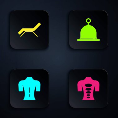 Masaj taşı terapisi, güneş yatağı, şemsiye ve sauna şapkası. Siyah kare düğme. Vektör.