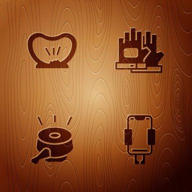 Mobil tutucu, patlak bisiklet lastiği, tahta arka planda zil ve eldiven ayarlayın. Vektör.