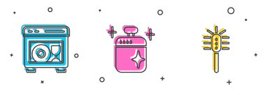 Bulaşık makinesi, temiz yemek tenceresi ve tuvalet fırçası ikonu hazırla. Vektör.