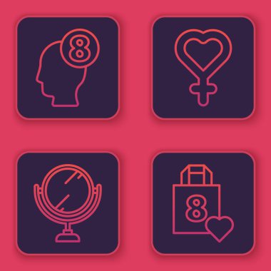 8 Mart 'ı insan kafası, yuvarlak makyaj aynası kadın cinsiyet sembolü ve kalbi olan alışveriş torbası olarak ayarla. Mavi kare düğme. Vektör.