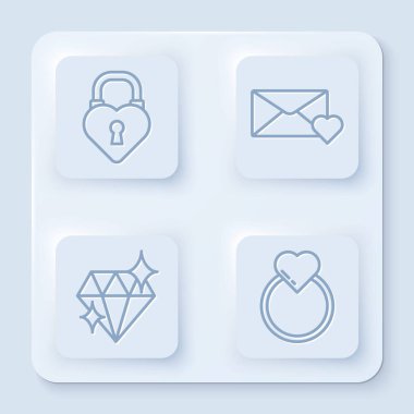 Kale şeklinde bir hat çiz, Zarfta 8 Mart, Elmas ve Alyanslar olsun. Beyaz kare düğme. Vektör.